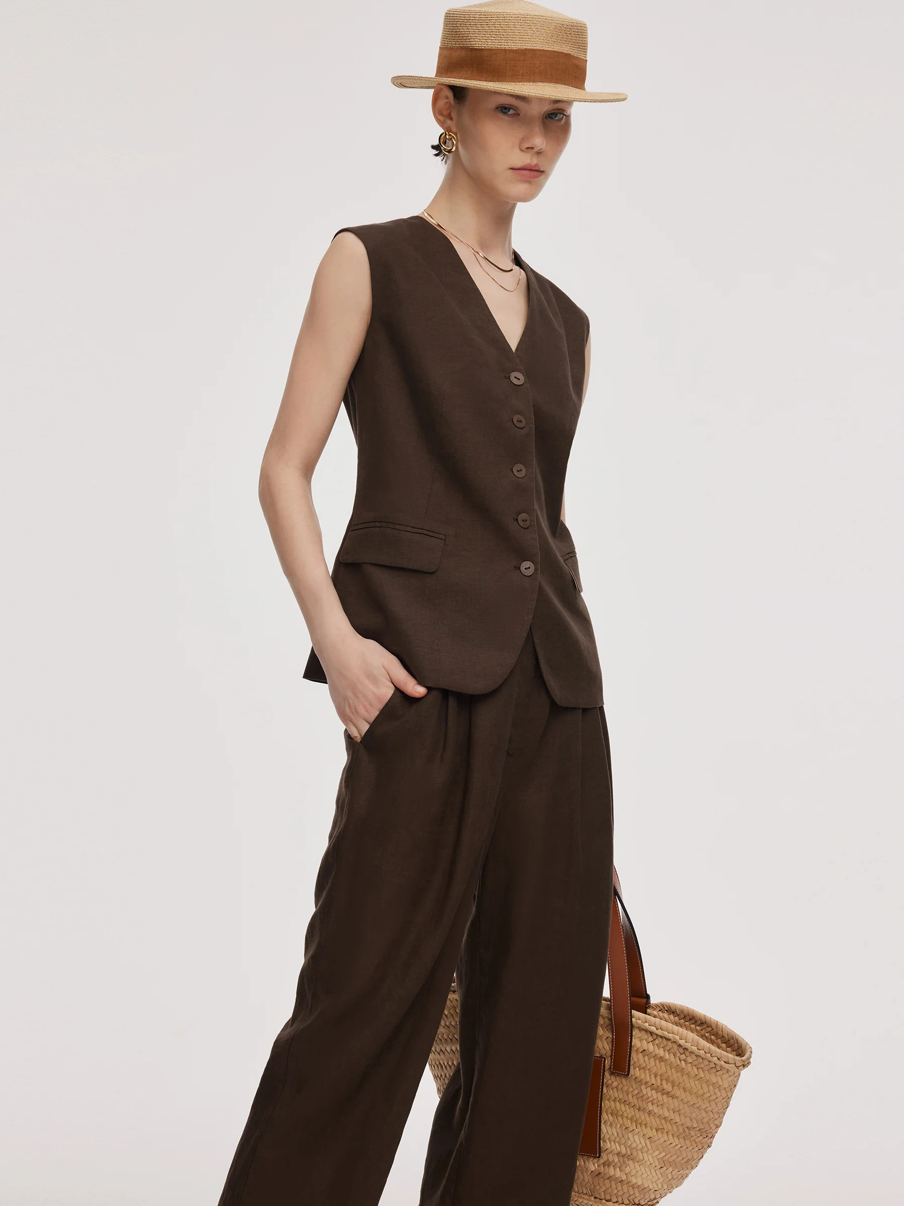 100% Linen Women V-Neck Vest | GOELIA