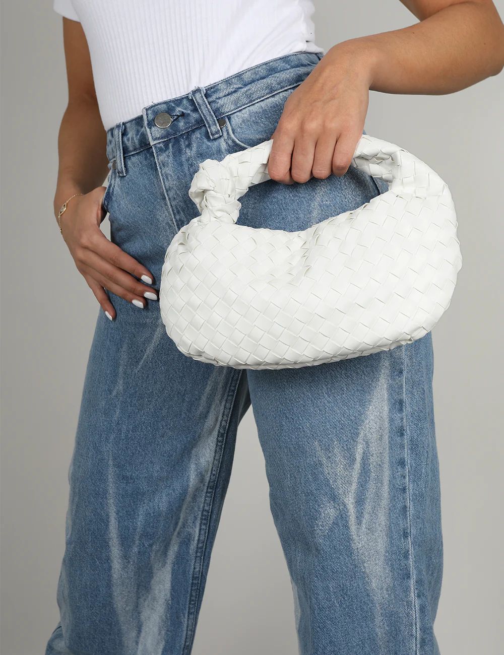 The Blame White Woven PU Knot Detail Mini Grab Bag | Public Desire