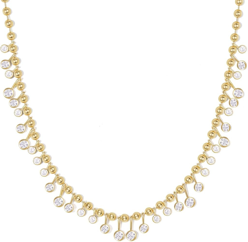 KissYan Cubic Zirconia Charm Necklace for Women, 14K Gold Plated Beaded Chain Rainbow White CZ Ne... | Amazon (US)