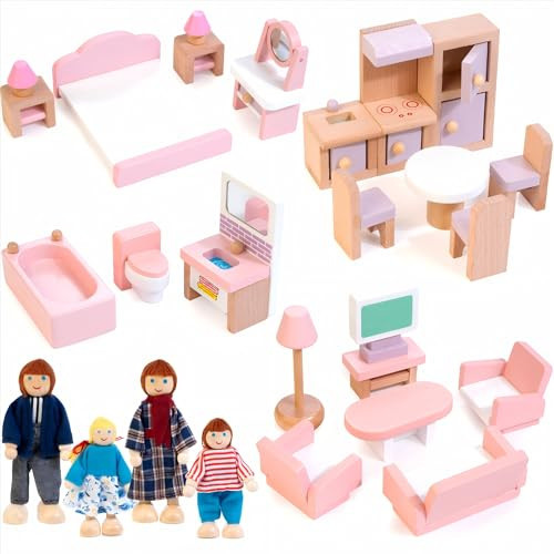 Kizfarm Wooden Dollhouse Furniture Set with 4 Family Dolls, 26 Pcs Pretend Play Dollhouse Accessories for 4 Rooms, Pink Furniture Toys Birthday Gifts for Girls Boys Age 3+ | Amazon (US)