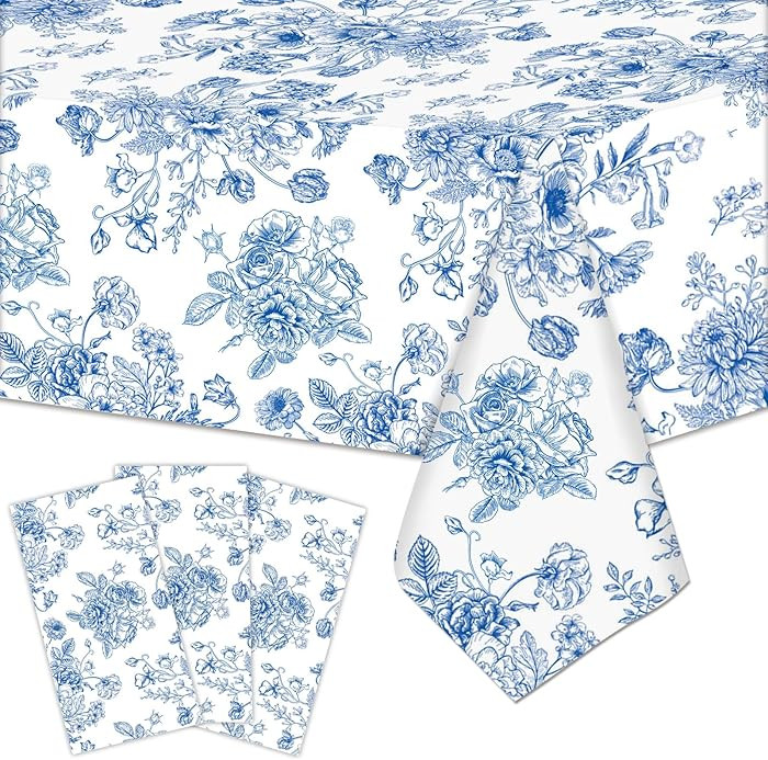 3 Pieces 54x108 Inch Blue White Floral Rectangle Plastic Tablecloth, Disposable Elegant Flower De... | Amazon (US)