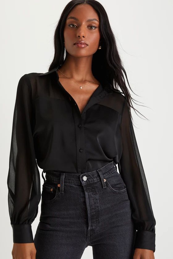 Definitely Iconic Black Satin Long Sleeve Button-Up Top | Lulus (US)