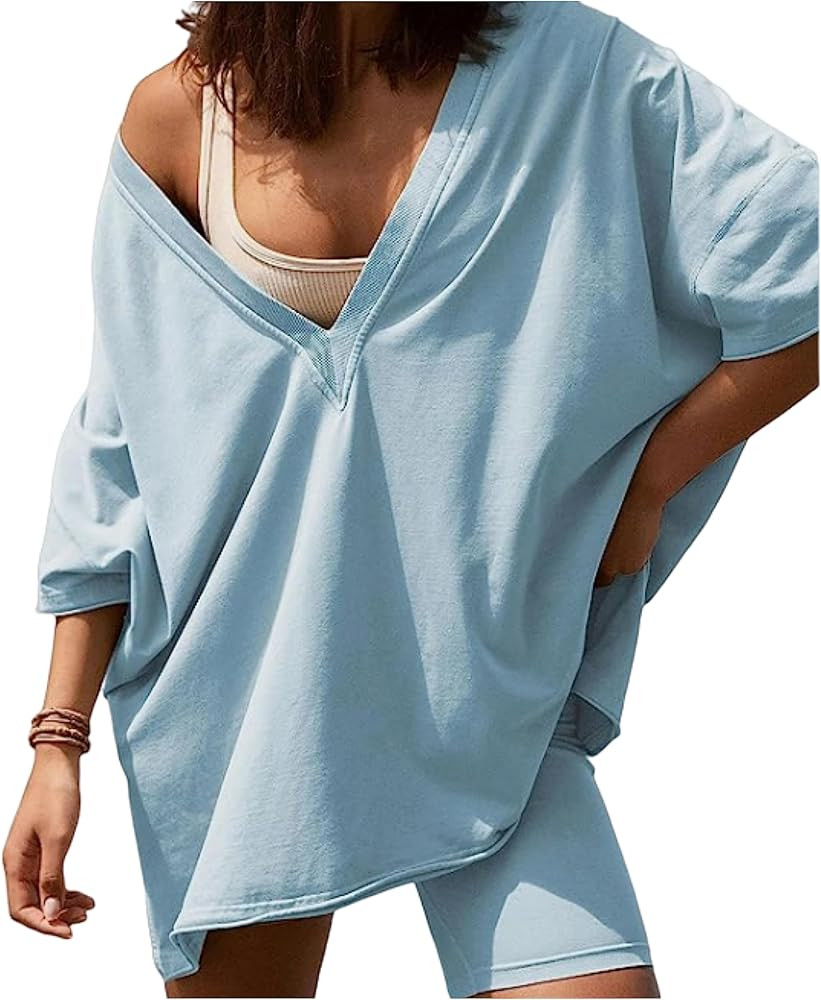 Sayingpan Womens Oversized Two 2 Piece Outfit Summer V Neck Reversible T Shirt Top Biker Shorts T... | Amazon (US)