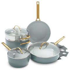 Reserve Ceramic Nonstick 10-Piece Cookware Set | Smoky Blue with Gold-Tone Handles | GreenPan