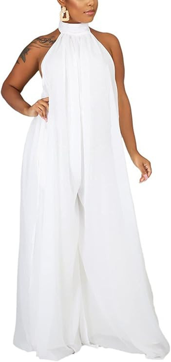 Ekaliy Women’s Sexy Summer Jumpsuit Halter Neck Sleeveless Chiffon Wide Leg Long Pant Jumpsuit ... | Amazon (US)