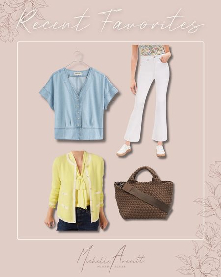 Some favorites from this week! 

Denim shirt, yellow cardigan, brown weave tote, white pants 

#LTKSeasonal #LTKstyletip #LTKworkwear