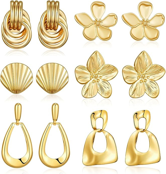 AIDSOTOU 6 Pairs Chunky Gold Earrings For Women Trendy Statement Gold Plated Flower Shell knot Da... | Amazon (US)