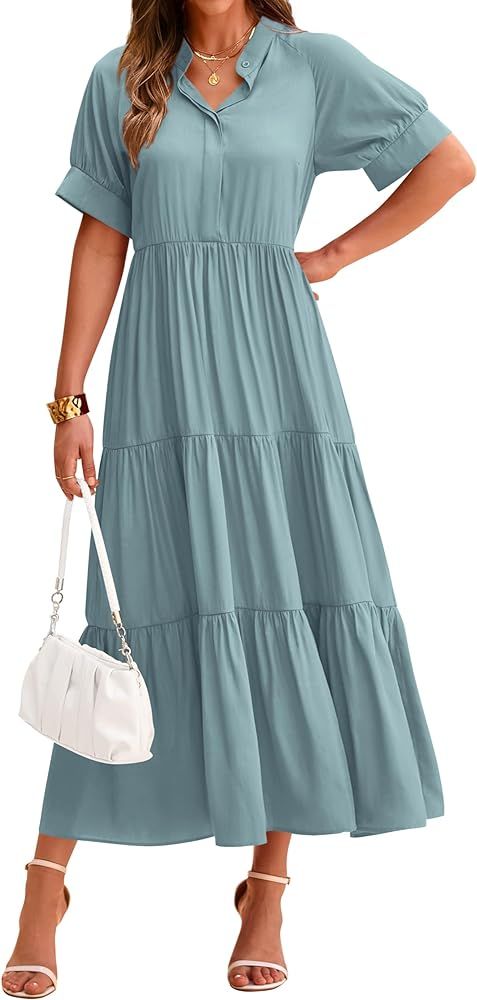 dowerme Women's Summer Dresses 2024 Casual Short Sleeve Button Loose Fit Pleated Boho Flowy Swing... | Amazon (US)
