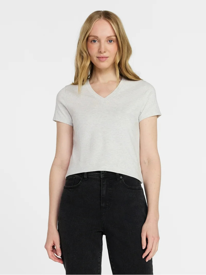 Time and Tru Women's Slim V Neck Tee with Short Sleeves, Sizes XS-XXXL | Walmart (US)