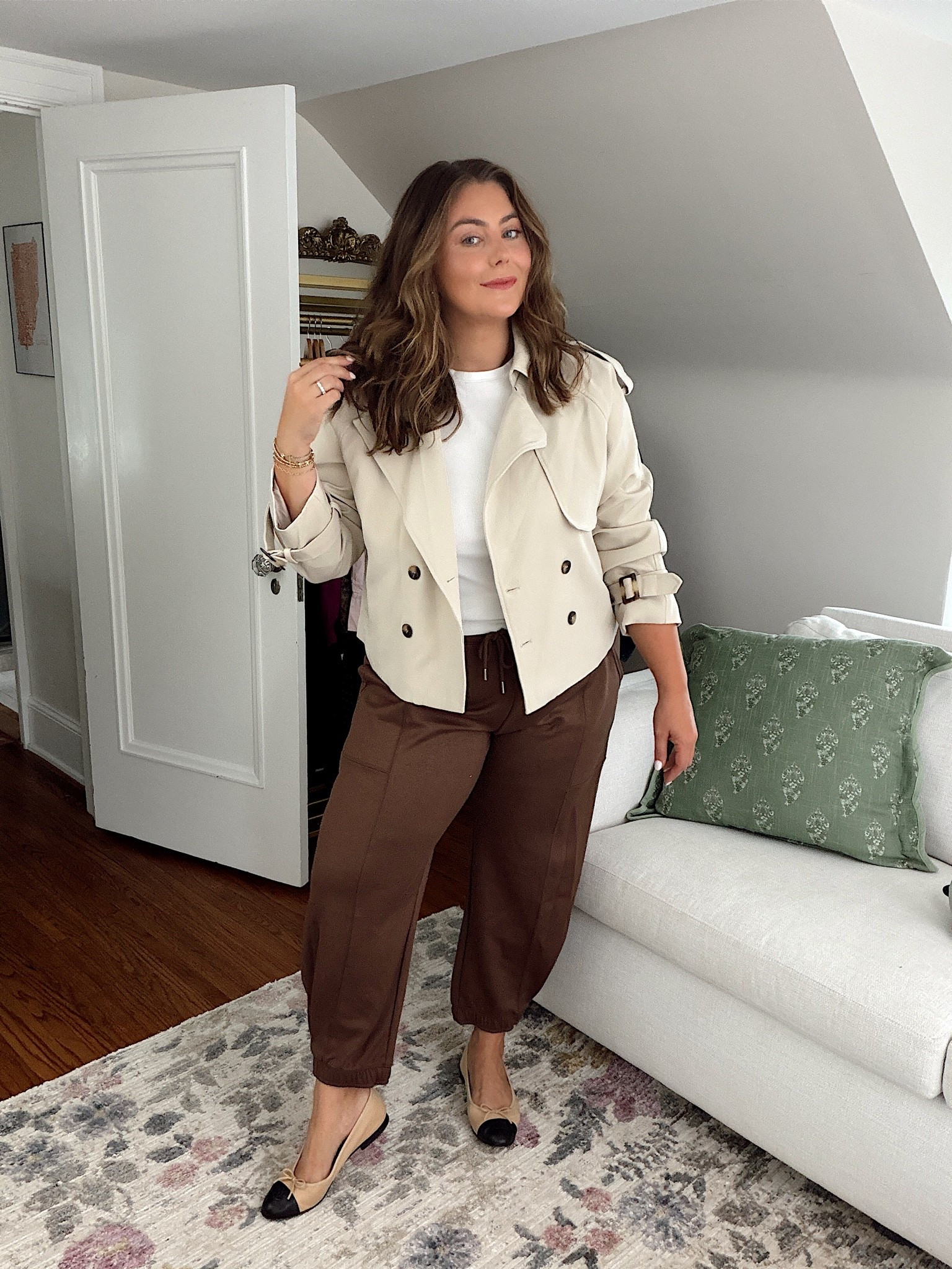 wearing size XXL in joggers (could have done XL). Wearing size XXL in white tee, funnel neck jacket (use CARALYN15 on your first order at Spanx).