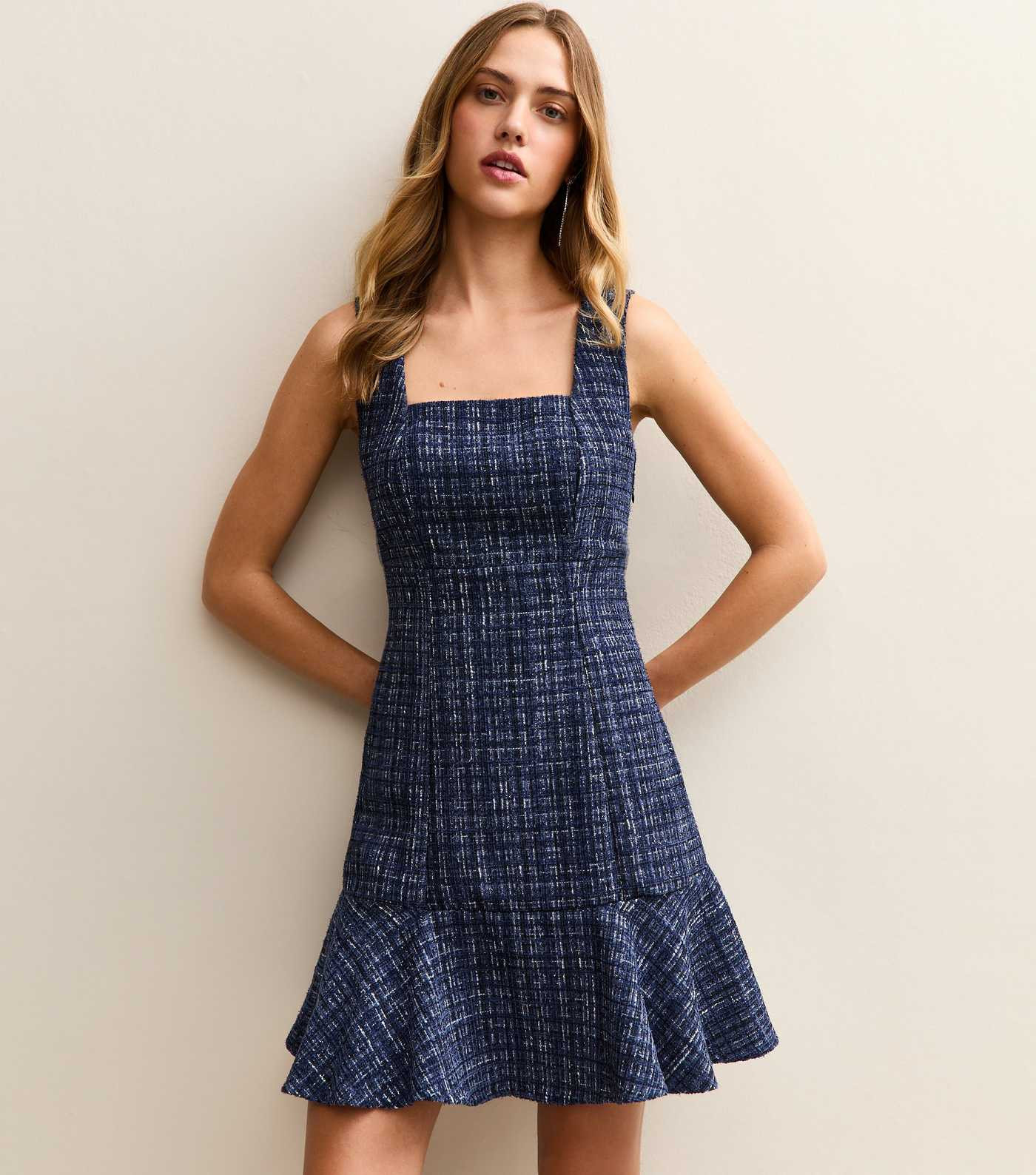 Navy Square Neck Boucle Mini Dress | New Look | New Look (UK)