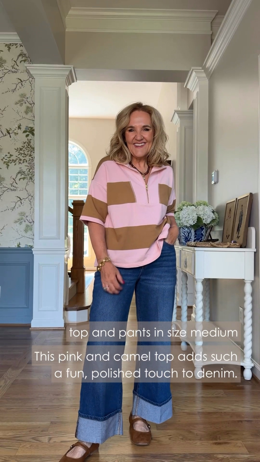I’m having a little fun with this pink and camel combination. I’m in a medium in both, and it gives the jeans a whole different feel.

#LTKootd #LTKWorkwear #LTKOver40