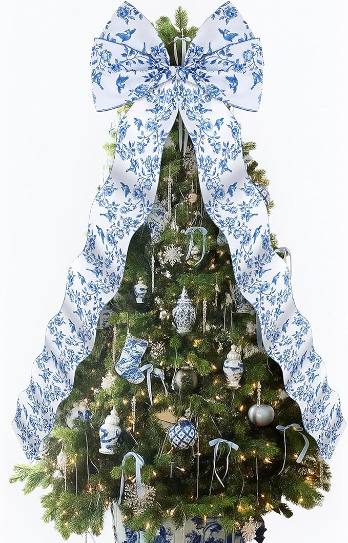 20 x 47 Inches Extra Large Chinoiserie Christmas Bow Tree Topper Blue and White Xmas Tree Topper ... | Amazon (US)