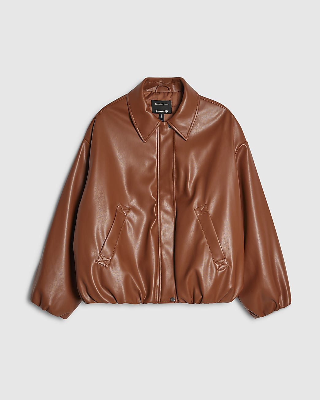 Brown Faux Leather Bubble Hem Bomber Jacket | River Island UK & IE