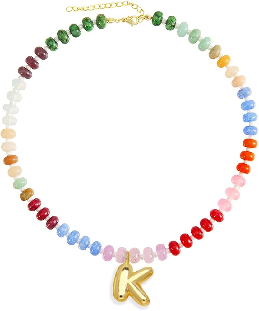 Elegant Boho Colorful Beaded Necklace with Gold Bubble Letter A-Z Pendant,Handmade Trendy Summer ... | Amazon (US)