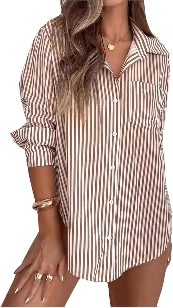 SweatyRocks Women's Striped Long Sleeve Collared Shirts Button Down Blouses with Pocket Dressy Ca... | Amazon (US)