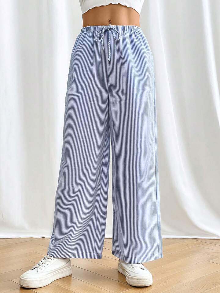 SHEIN PETITE Striped & Printed Drawstring Waist Long Pants With Pockets | SHEIN