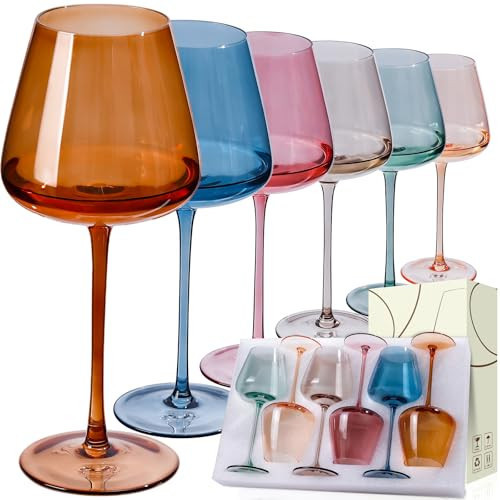 JOVGANK Colored Wine Glasses Set of 6, Hand Blown Large Colorful Wine Glass 18Oz, Lead-Free Premium Crystal Long Stem Wine Glass, Daily Use, Wedding Anniversary or Mother's Day gift, Multicolor | Amazon (US)