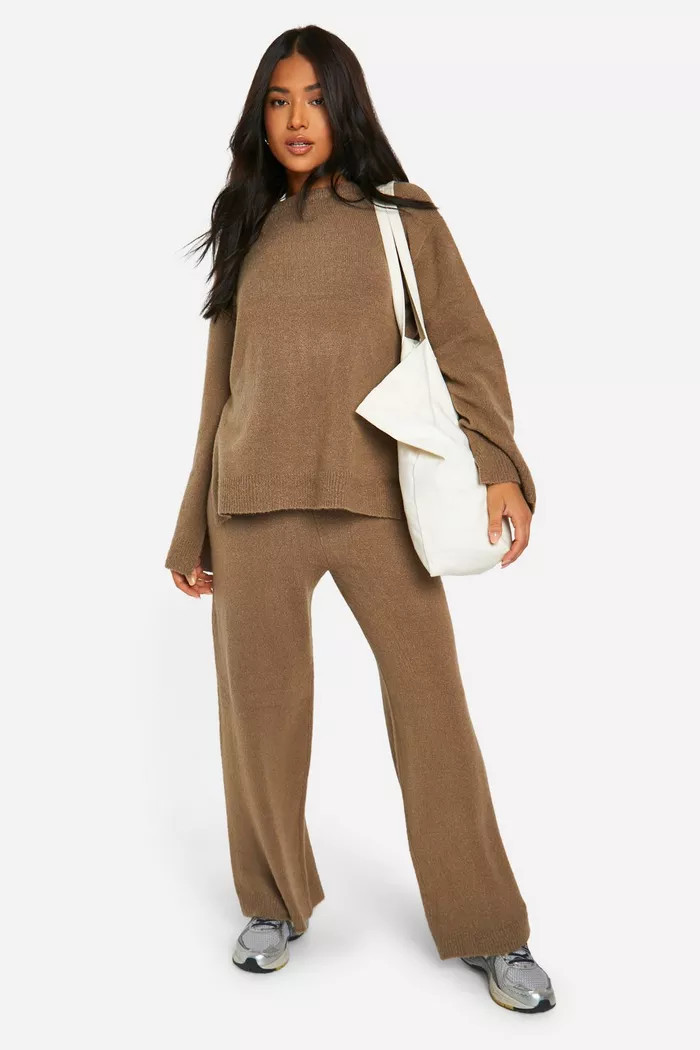 Petite Soft Knit Jumper And Flares Knitted Co-ord | Boohoo.com (UK & IE)