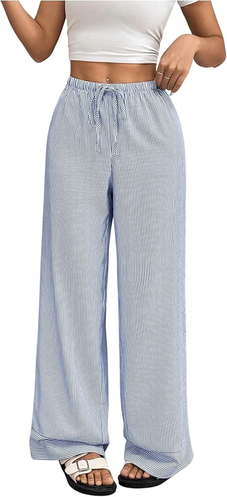 GORGLITTER Women's Striped Linen Pants Wide Leg Gingham Pants Drawstring High Waisted Boxer Pants | Amazon (US)