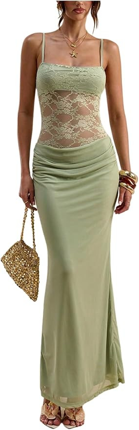 Verdusa Women's Floral Lace Sheer Sleeveless Wedding Guest Dress Ruched Cut Out Backless Cocktail... | Amazon (US)