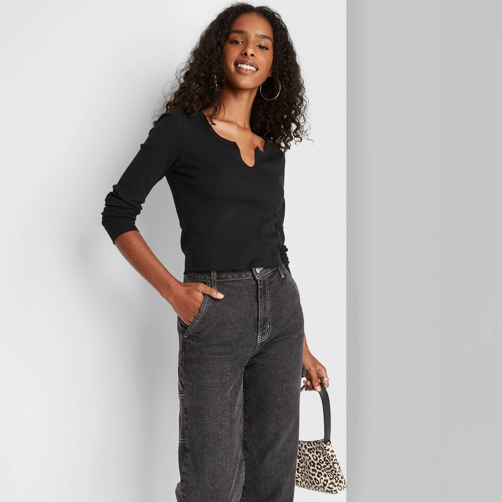 Women's Long Sleeve Notch Front Baby T-Shirt - Wild Fable Black M | Target