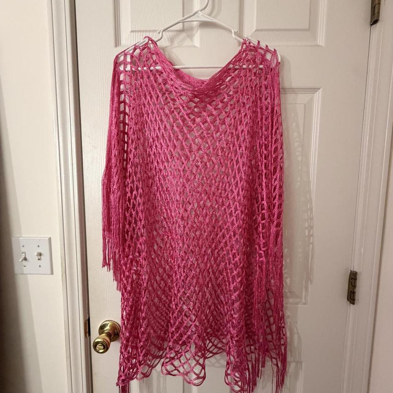 Pink crochet poncho with fringe and glitter. 
So cute for festivals or over a bikini!
No tag but ... | Depop US