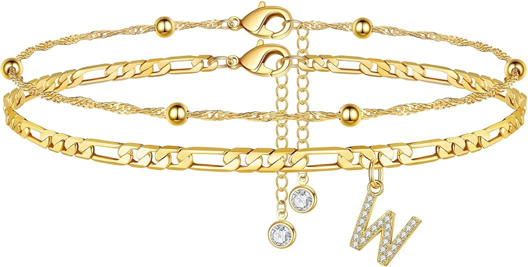 Ankle Bracelets for Women, 14K Gold Plated Dainty Layered Figaro Chain CZ Initial Anklets Summer ... | Amazon (US)