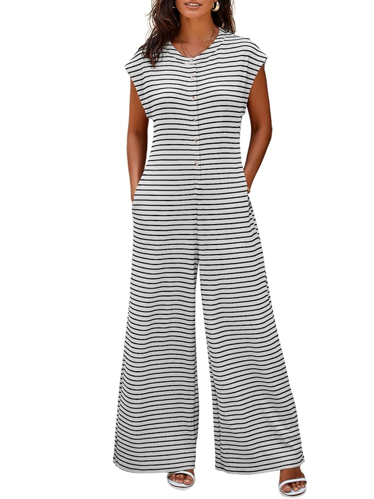 Cicy Bell Womens Casual Striped Jumpsuits Summer Cap Sleeve Wide Leg Jumper Romper Button Down Tr... | Amazon (US)