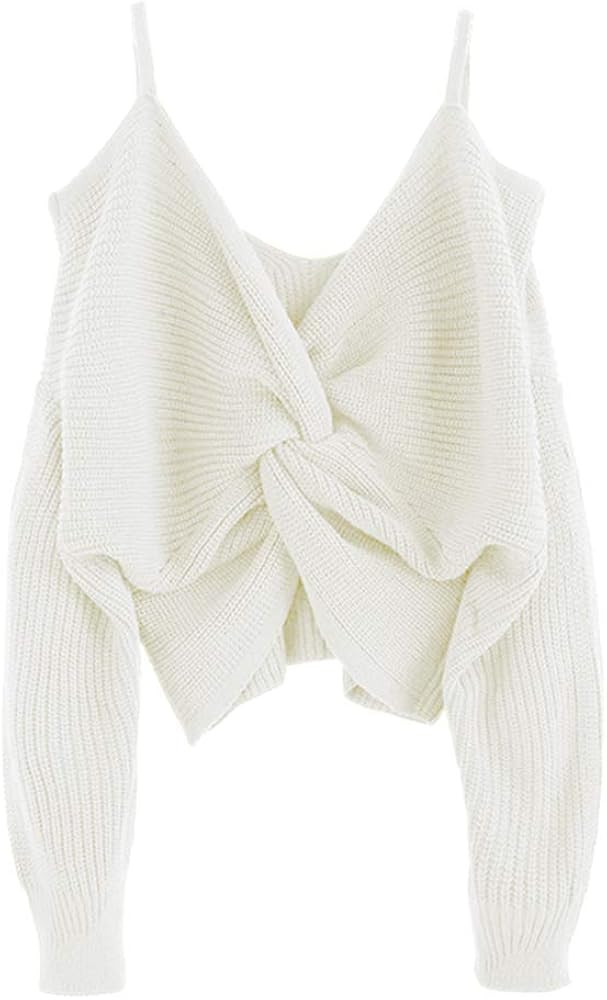 ZAFUL Women's Cold Shoulder Sweater Twist Knot Backless V Neck Straps Sexy Knit Pullover Jumper Crop | Amazon (US)