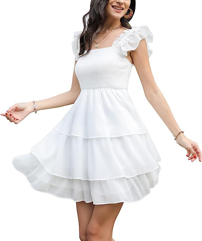 Byinns Womens Square Neck Sleeveless Ruffle Dress High Waist Backless Tiered Smocked Strappy Casu... | Amazon (US)