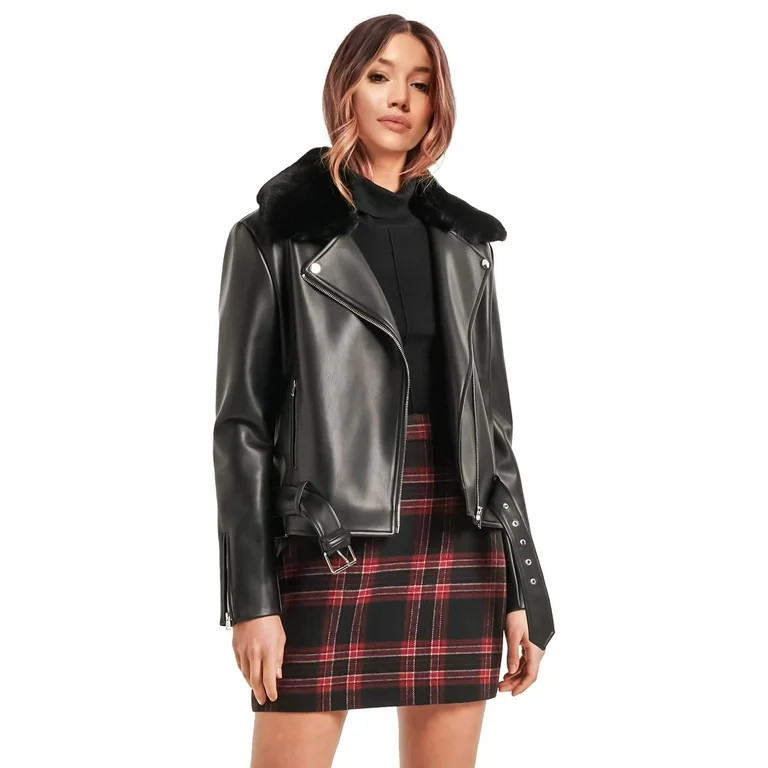 Suprenx Women's Faux Fur Leather Jacket Zip Up Classic Warm Coat | Walmart (US)