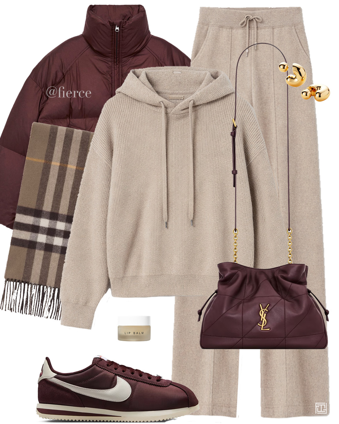 burgundy puffer jacket burgundy nike cortez beige cashmere knitted loungewear co-ord set knitted pants ysl burgundy bag burberry check scarf 

 #LTKuk #LTKwinter #LTKeurope