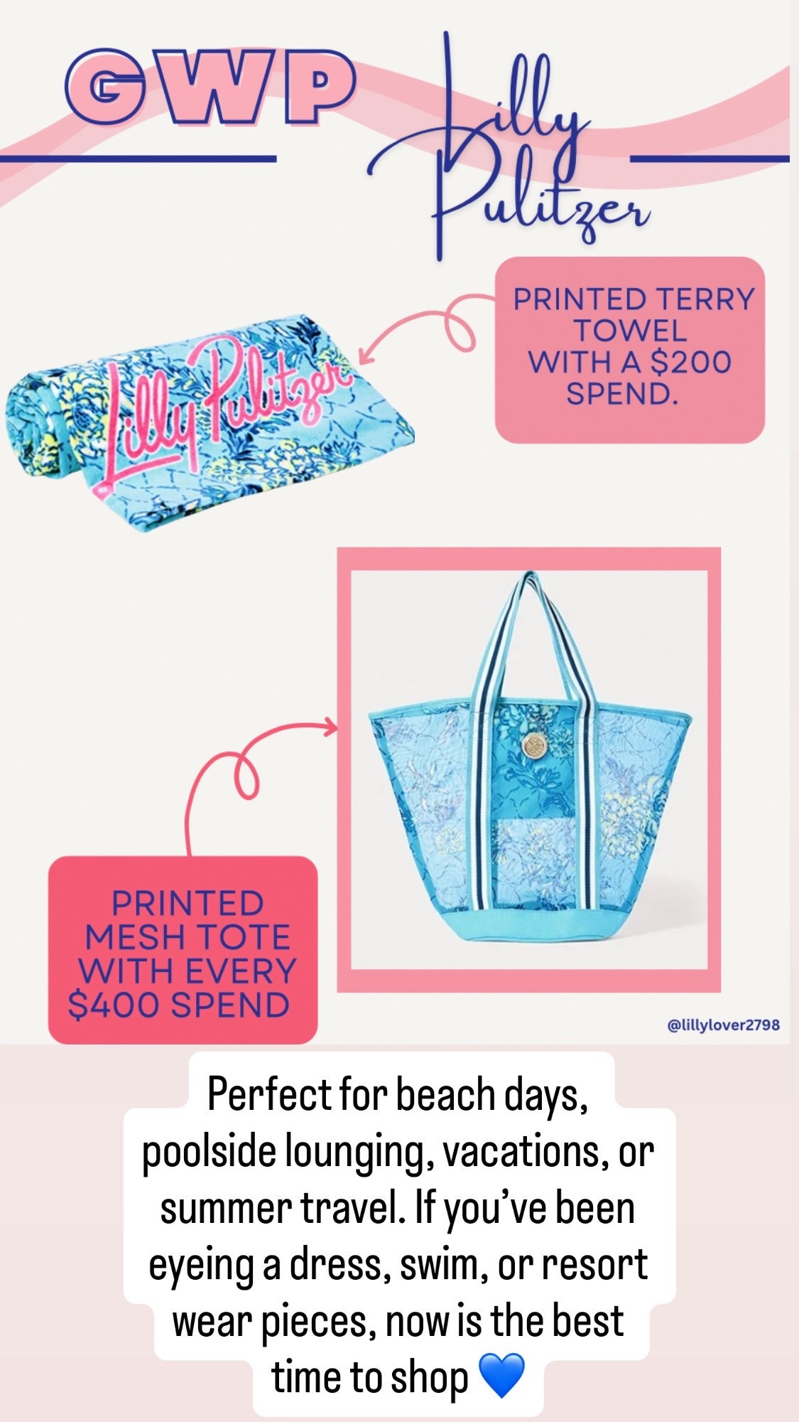 Gift with Purchase 

Last Day!!! 

New Prints. Same Iconic Style. 🌊💙Plus GWP!

Lilly Pulitzer just dropped the prettiest new arrivals and I’m obsessed with these bright blues, fresh florals, and easy silhouettes. From breezy maxi dresses to chic everyday pieces and resort-ready swim, these are perfect for vacation, spring events, and warm-weather days ahead.

If you love bold color, classic prints, and effortless polish, this collection is a must-see ✨

Lilly Pulitzer is making these new arrivals even sweeter with a gift with purchase 👀✨

🛍️ Spend $200 and receive a printed terry towel
🛍️ Spend $400 and receive a printed mesh tote

#lillypulitzer
#lillylove
#resortwear
#vacationstyle
#springfashion
#summerstyle
#printedperfection
#colorfulfashion
#resortchic
#womensfashion
#ltkstyle
#ltkfinds
#ltkseasonal

Lilly Pulitzer new arrivals, Lilly Pulitzer dresses, resort wear, spring fashion, summer outfits, vacation outfits, blue dresses, floral dresses, maxi dress, casual chic outfits, women’s fashion, swimwear, beach vacation style, gift with purchase, GWP

🛍️ Check out all my favorite new Lilly Pulitzer finds below: 

#LTKHoliday #LTKGiftGuide #LTKTravel