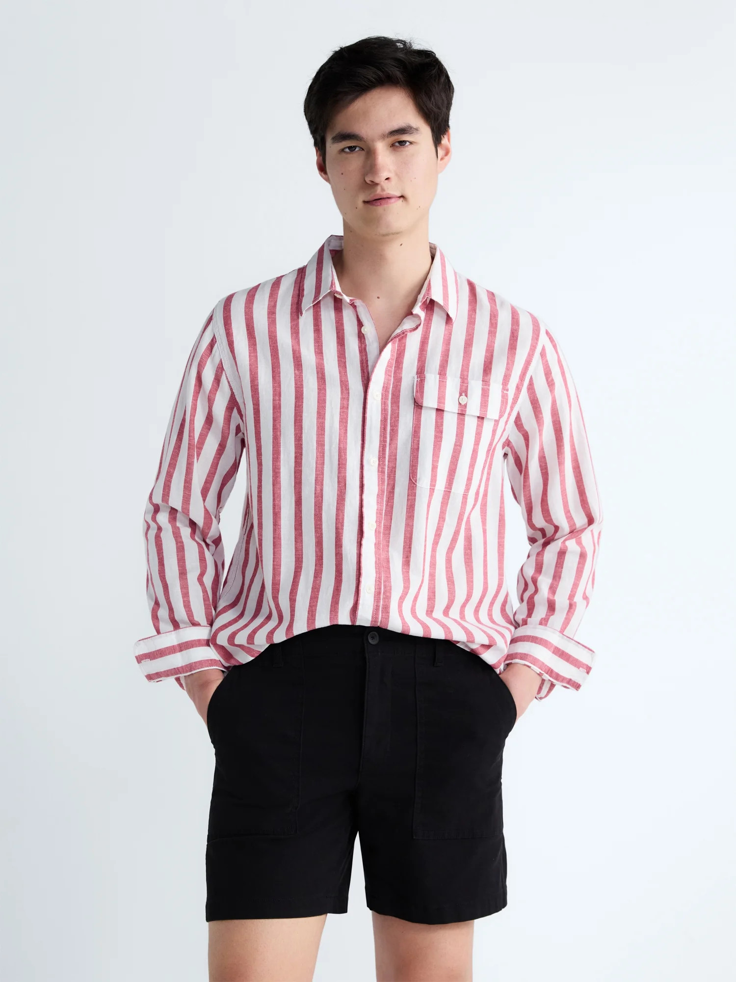 Free Assembly Men's Striped Linen Blend Button Front Shirt with Long Sleeves, Sizes XS-3XL - Walm... | Walmart (US)