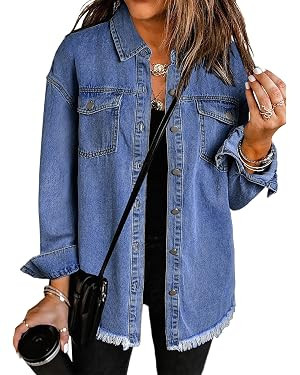 Vetinee Women’s Oversized Button Up Frayed Hem Shacket Long Sleeve Pockets Denim Jean Jacket | Amazon (US)
