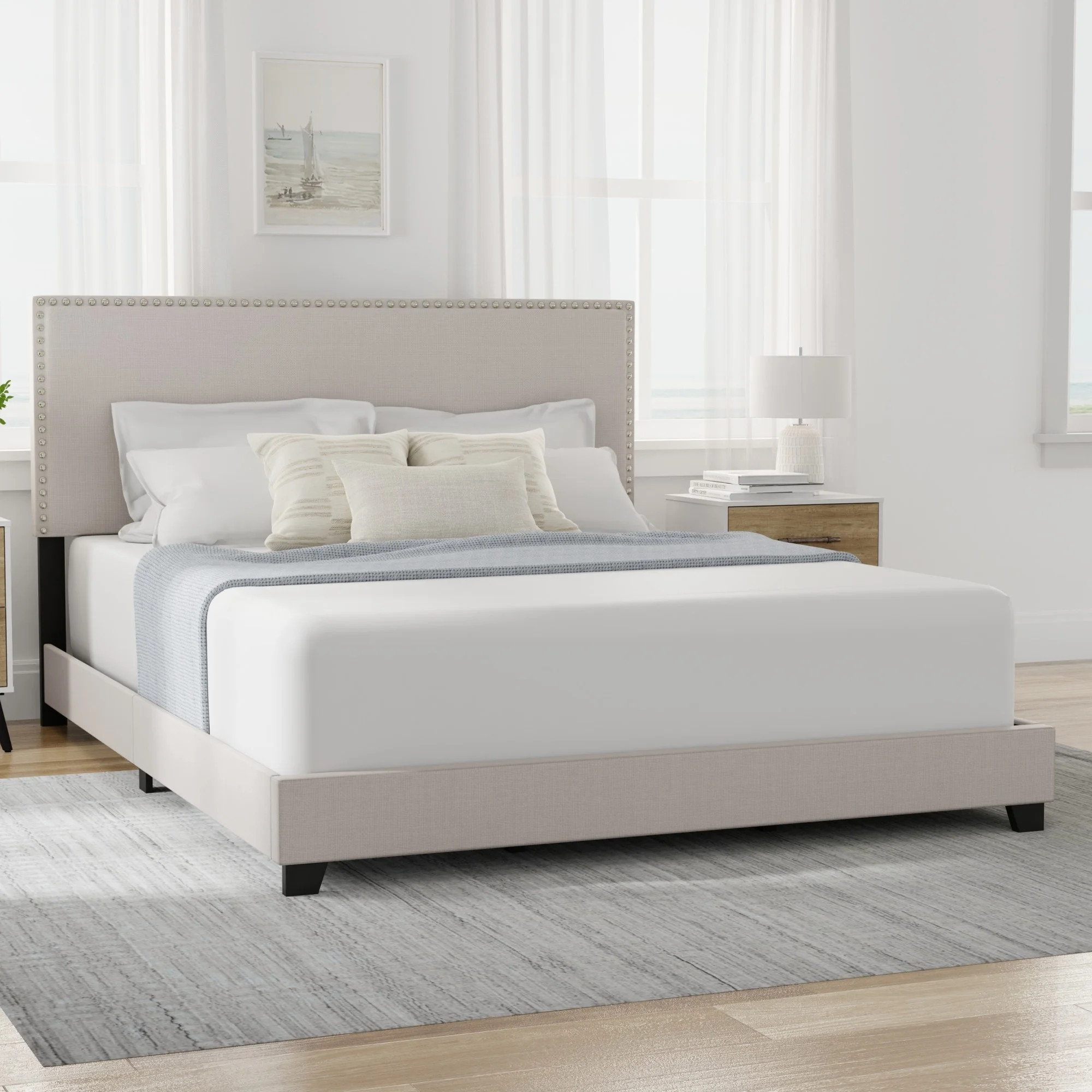 Willow Nailhead Trim Upholstered Queen Bed, Fog | Walmart (US)