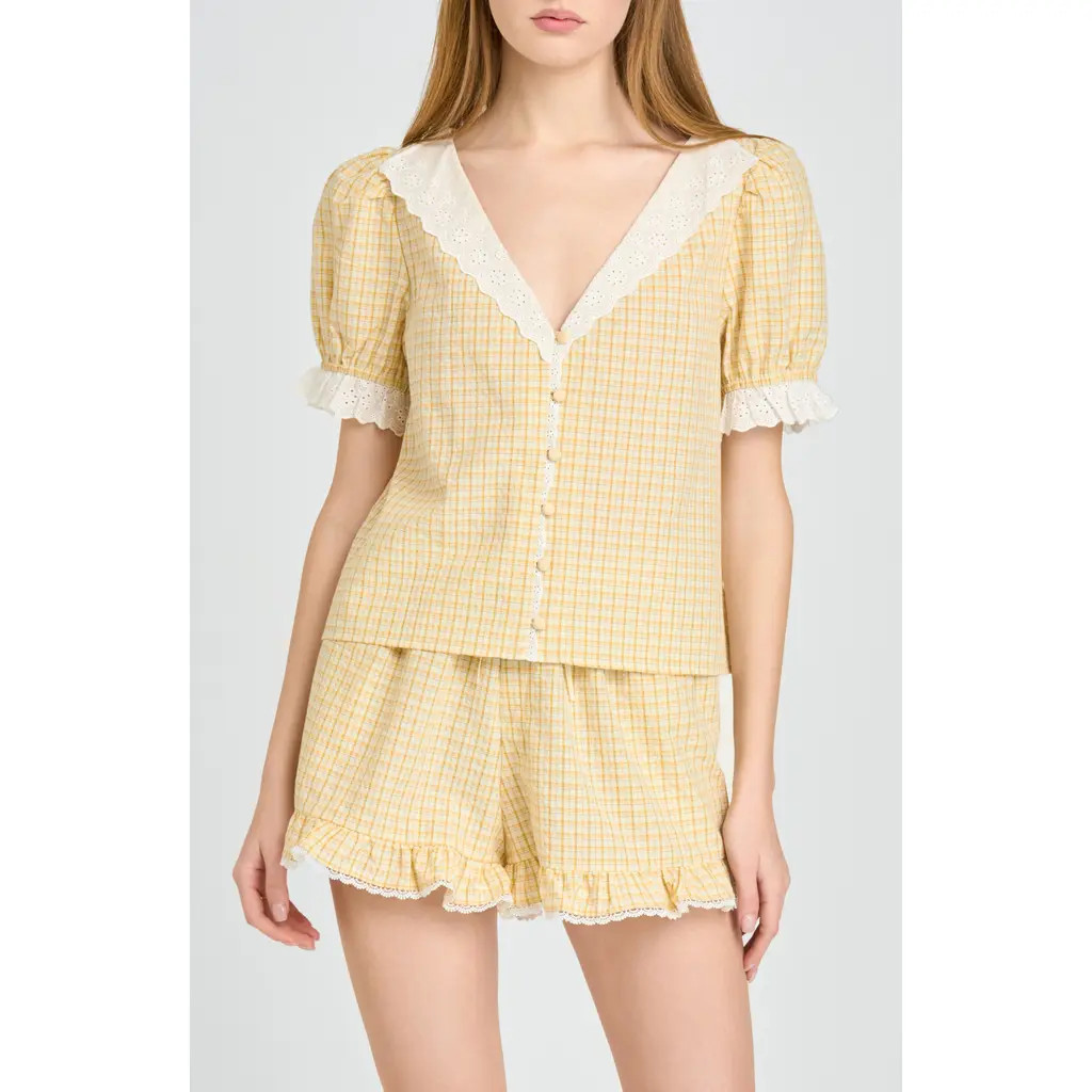 WAYF Emma Eyelet Trim Plaid Button-Up Top in Yellow at Nordstrom, Size Medium | Nordstrom