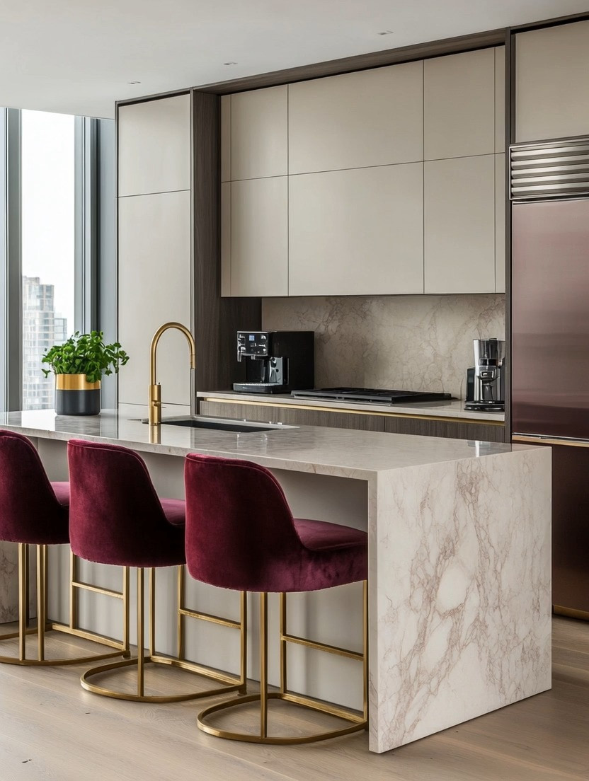 Create a striking yet timeless kitchen island by pairing rich burgundy counter stools with warm gold accents for a look that feels both modern and refined. Velvet or upholstered high chairs in deep burgundy add depth, softness, and a touch of drama, while gold details—such as a sculptural faucet and coordinated water or coffee appliances—bring warmth and cohesion to the space. Set against a stone or marble island, this combination balances luxury with everyday functionality, making the kitchen island a natural gathering point for casual meals, morning coffee, or entertaining. Thoughtful color contrast and metallic finishes transform the island into a true design statement without overwhelming the room. @Wayfair 
#kitchenisland #modernkitchen #quietluxury 

 

#LTKHome