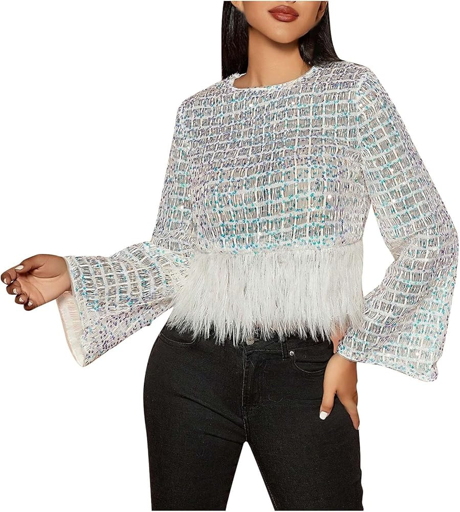 Womens Fashion Sequin Tops Crew Neck Shirts Sparkly Glitter Tassels Slim Fit Long Sleeve Crop Top... | Amazon (US)