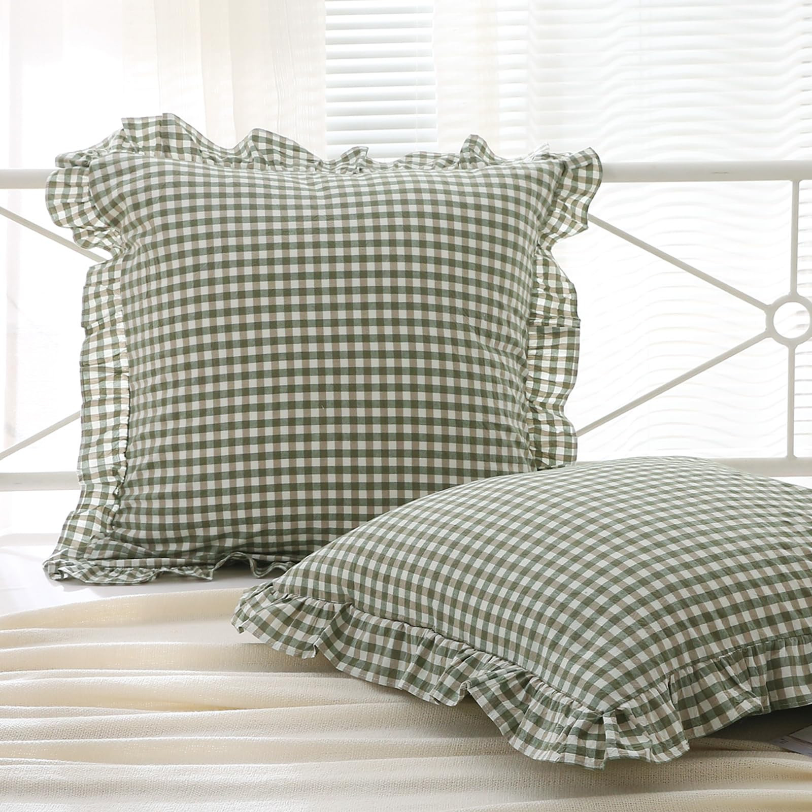 2 Pack Sage Green Plaid Ruffle Euro Shams Pillow Covers 26x26 inches, 100% Cotton Gingham Checker... | Amazon (US)