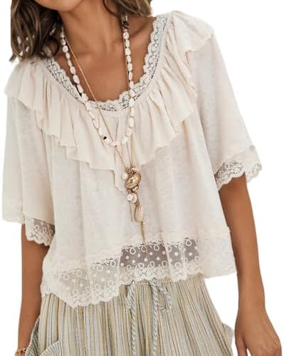 Women Lace Trim Ruffle Tops Short Sleeve Blouses Y2k Summer Loose Fit Tee Shirt Boho Clothes | Amazon (US)