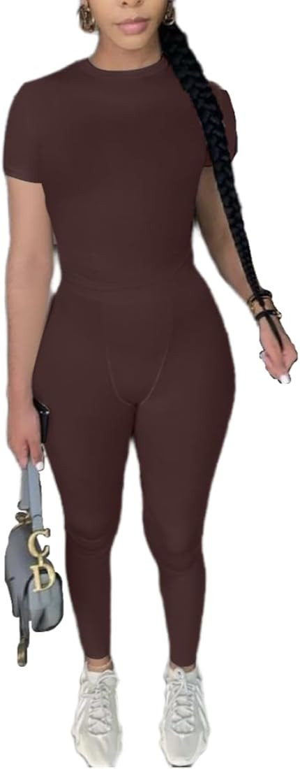 AYWA Two Piece Outfits for Women Fitted Crew Neck T-shirt High Waist Leggings Biker Shorts Matchi... | Amazon (US)