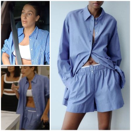 Amanda Batula’s Blue Button Down Shirt and Shorts Set