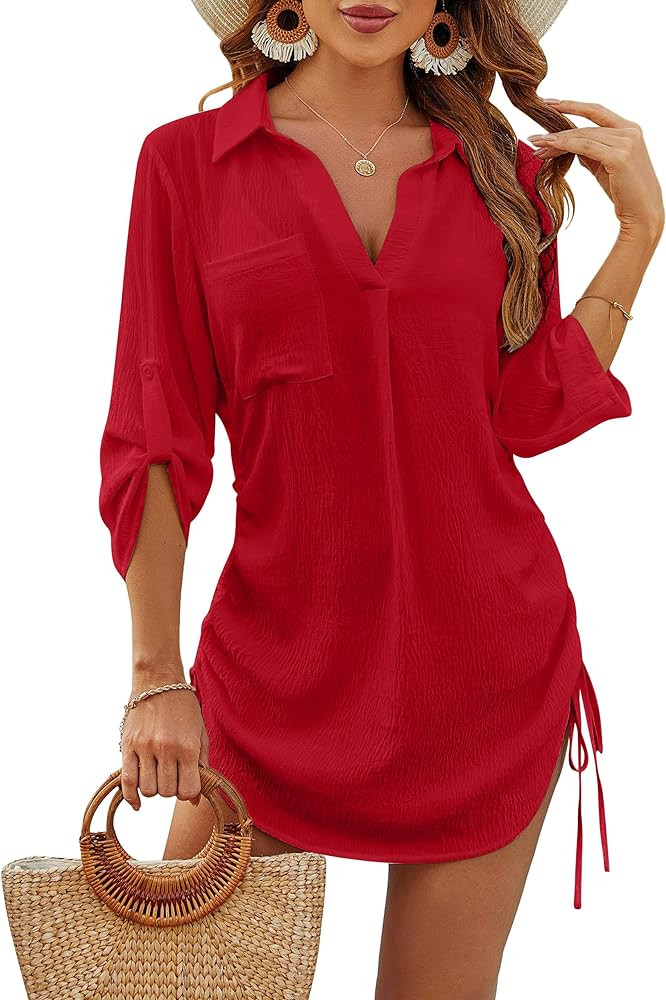 Blooming Jelly Womens Bathing Suit Cover Ups Bikini Swimsuit Coverup Drawstring Beach Dress Shirt | Amazon (US)