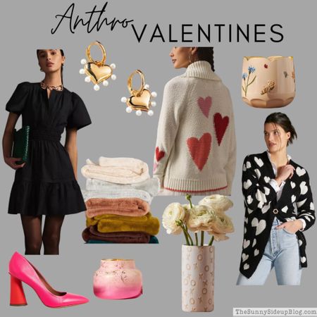 Anthro Valentines gift
Heart sweater 
Black dress 
Pink heels 
Vase 
Throw 
Earring 

#LTKGiftGuide #LTKstyletip #LTKSeasonal