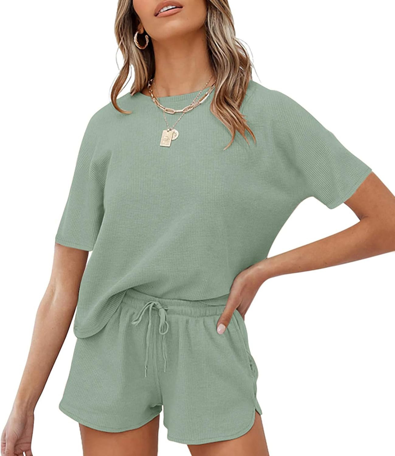 ZESICA Women's Waffle Knit Long Sleeve Top and Shorts Pullover Nightwear Lounge Pajama Set with P... | Amazon (US)