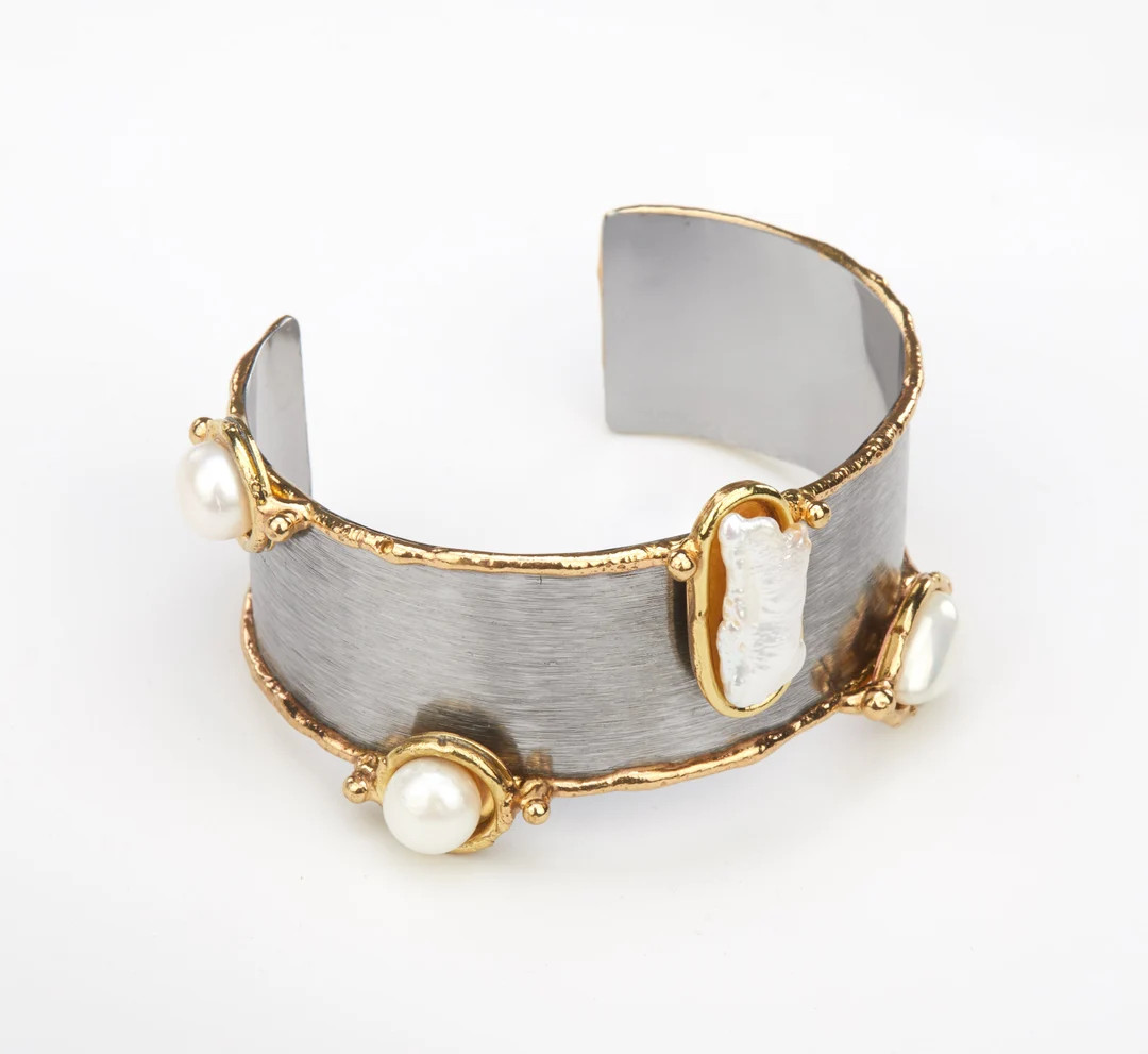 Wide Metal Band Cuff With Baroque Pearls in Brass Bezel.brass Rimmed Cuff,textured Baroque Pearls... | Etsy (US)