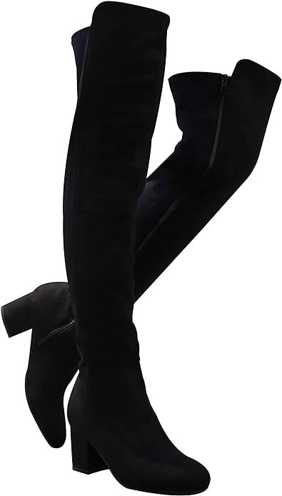 EETTARO Women's Over The Knee Boot Thigh High Block Heel Stretch Boots Fashion Side Zip Almond To... | Amazon (US)