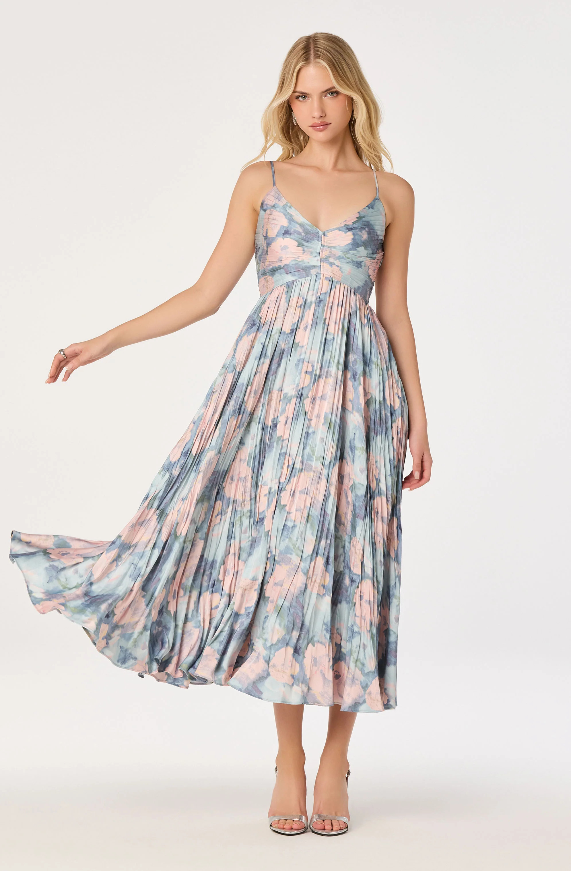 Maeve Floral Pleated Satin Midi Dress - Blue multi abstract / XS | ASTR The Label (US)